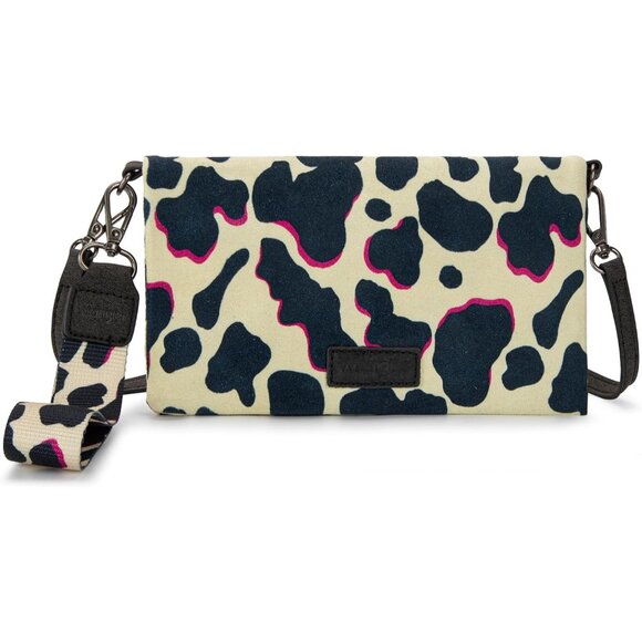 Wrangler Pink Cow Print Leather Bifold Wristlet Wallet with Crossbody & Clutch S